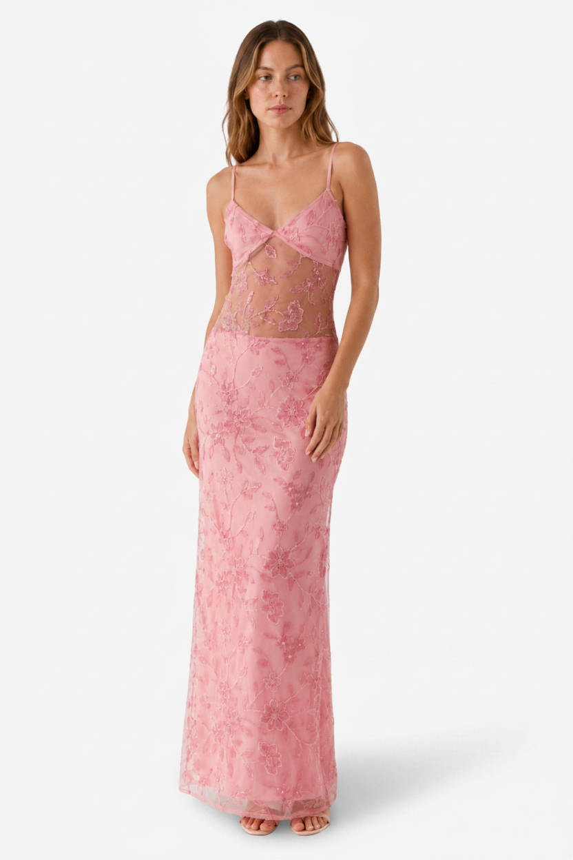 VALERIQUE | Robe Longue Brodée Transparente pour Femme – Bretelles Fines et Coupe Ajustée