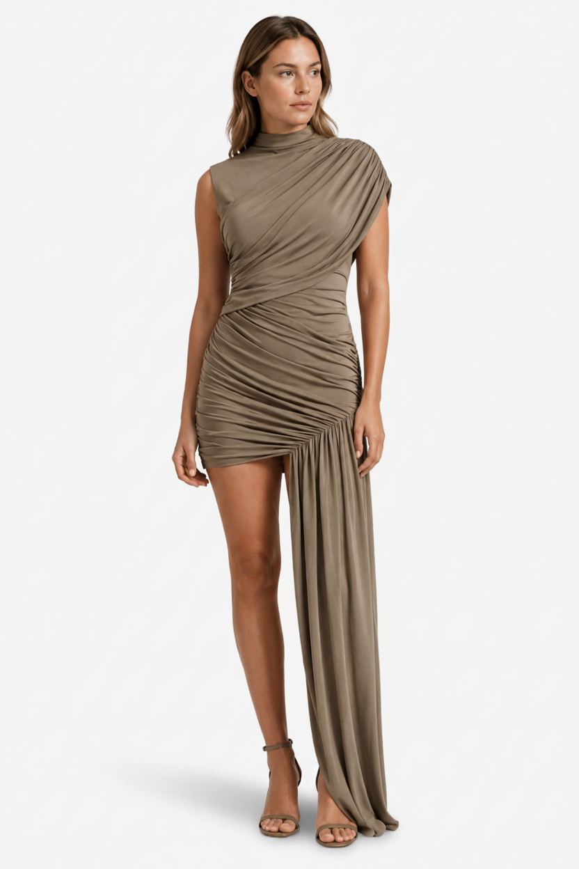 VALERIQUE | Femme Robe Formelle Gaine en Mélange de Coton Beige et Brun, Col Montant, Manches Sans Manches