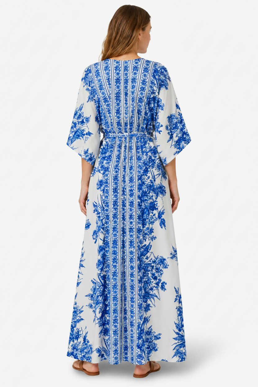 VALERIQUE | Robe Maxi Fleurie Bleue pour Femme – Manches Kimono
