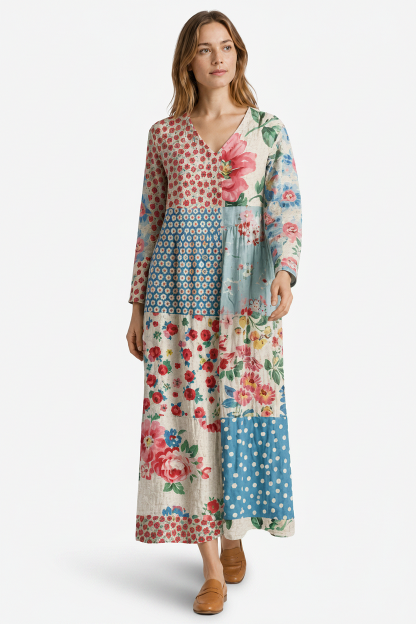 VALERIQUE | Femme Robe A-Line Patchwork Fleurie pour- Bleu Clair