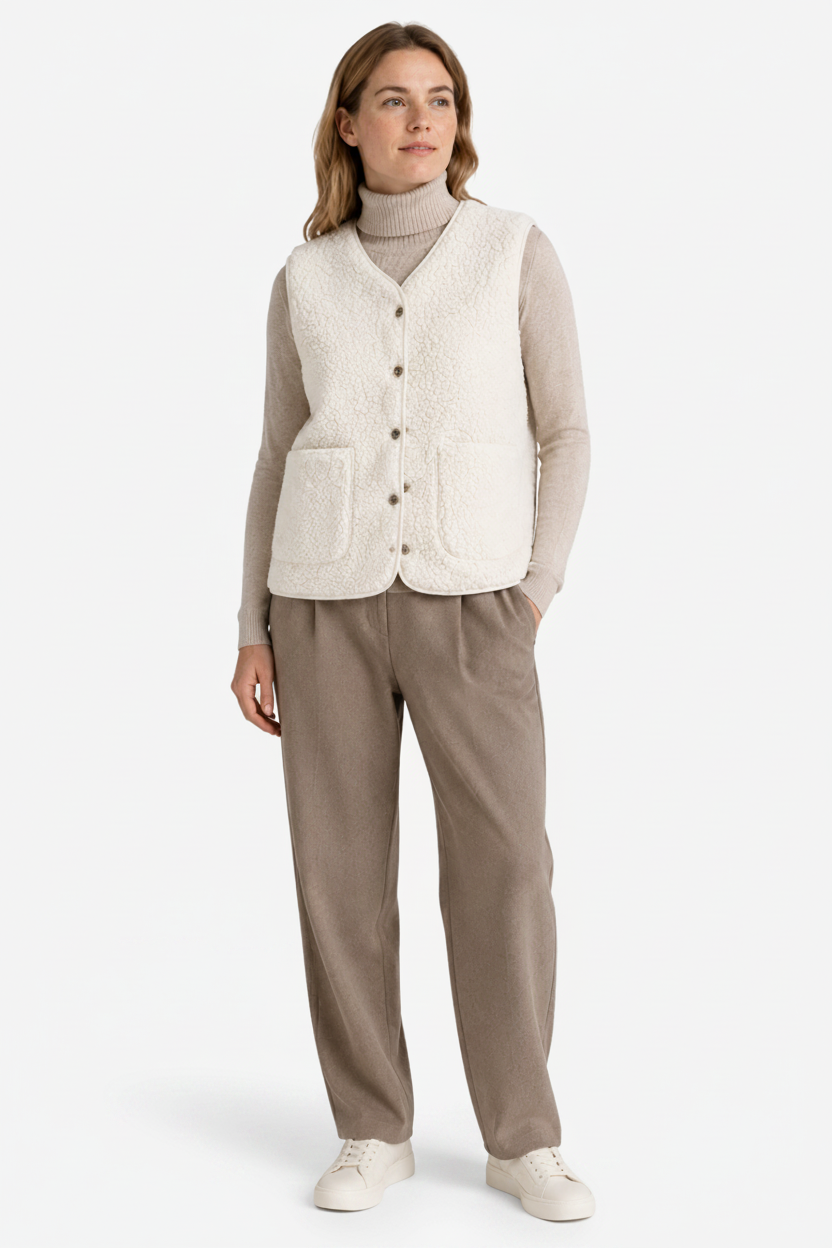 VALERIQUE | Gilet sans manches boutonné pour femme – Finition polaire texturée avec poches plaquées