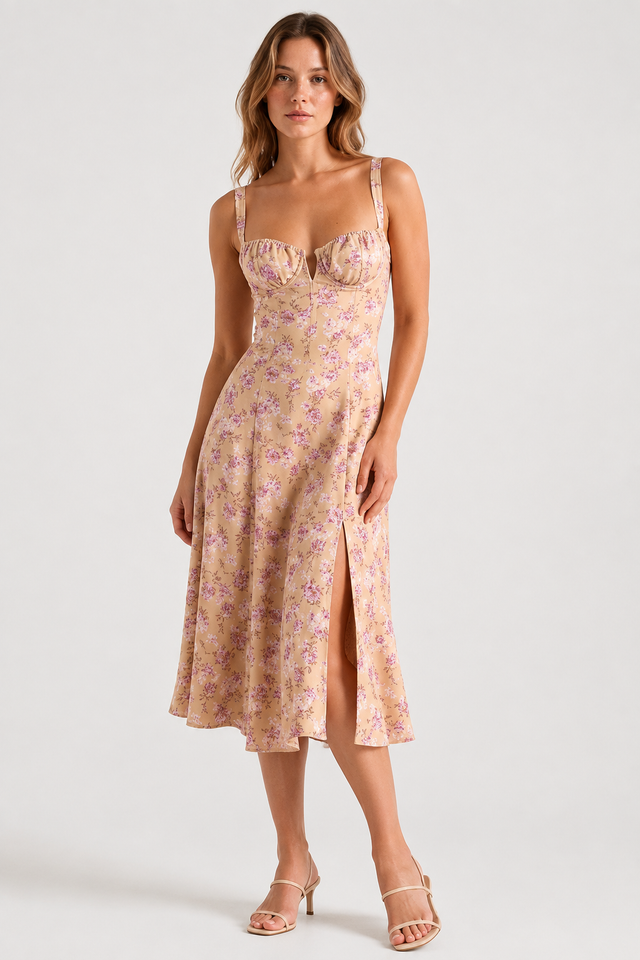 VALERIQUE | Robe midi beige à imprimé floral avec bretelles fines et fente latérale pour usage estival