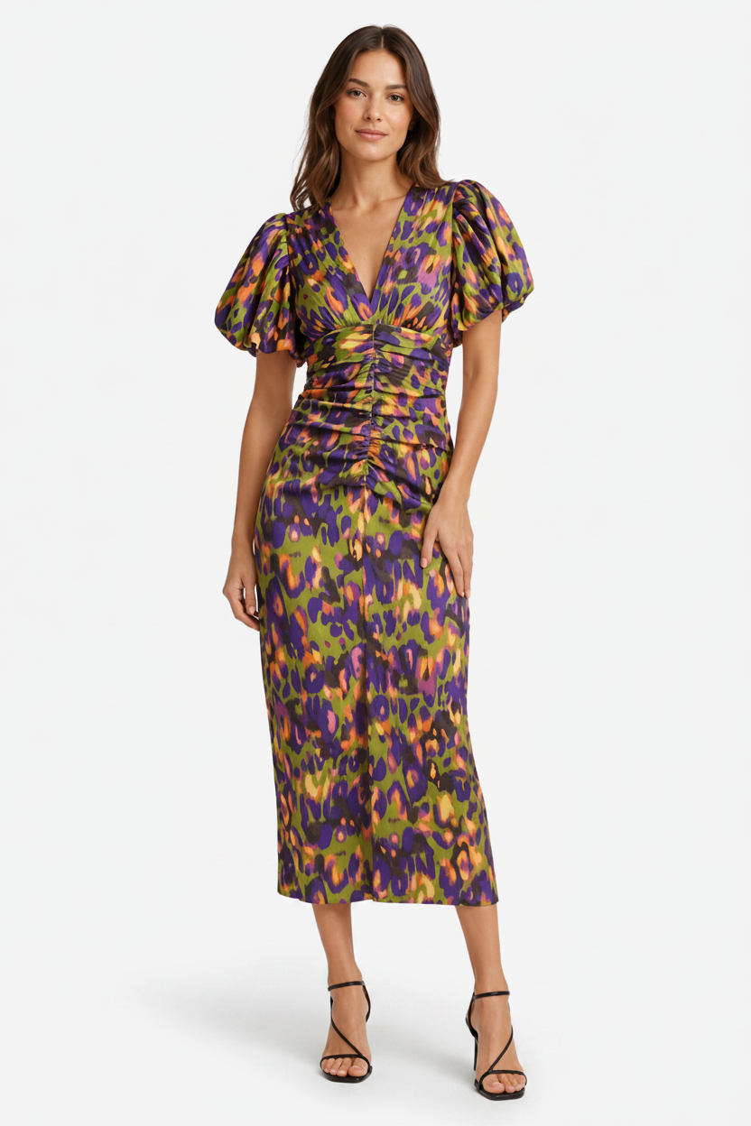 VALERIQUE | Robe Midi en Coton Léger Imprimé pour Femme – Manches Plissées