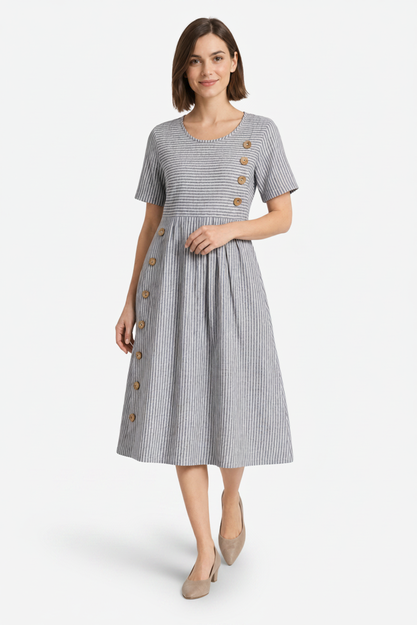 VALERIQUE | Femme Robe en lin coupe évasée manches courtes style décontracté