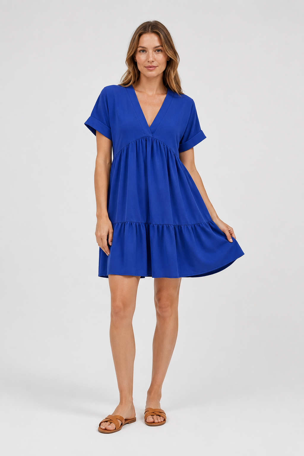 VALERIQUE | Robe Ample Col V pour Femme – Manches Courtes et Froncée