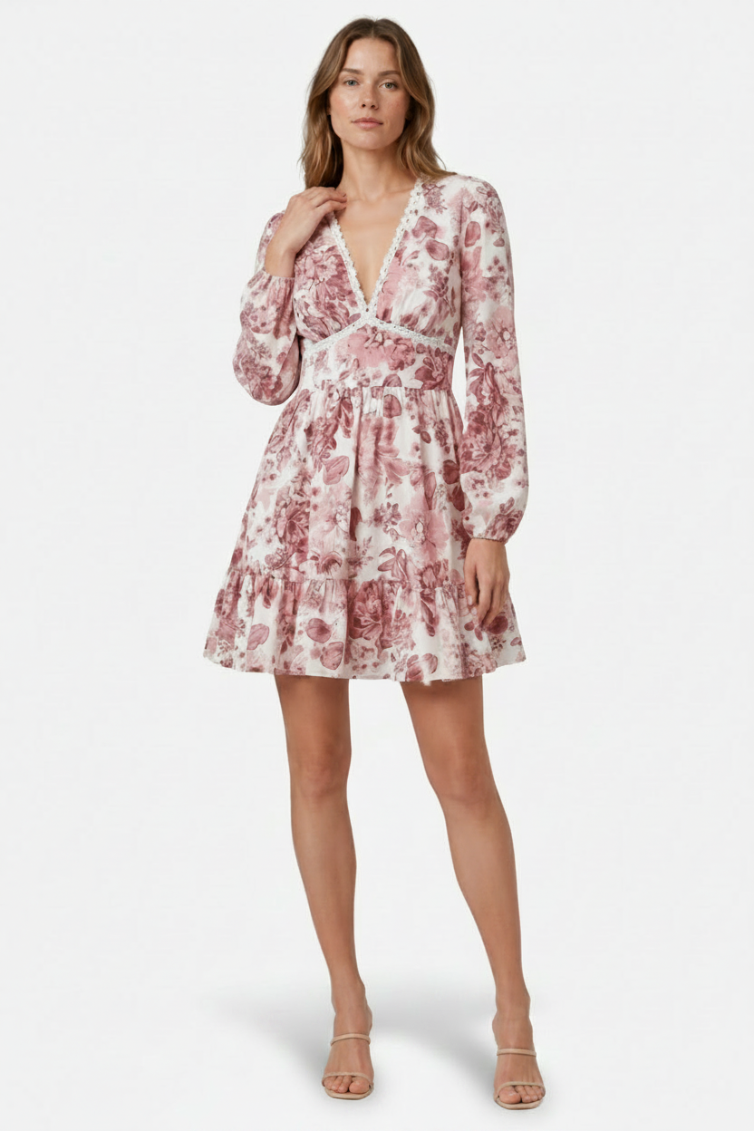 VALERIQUE | Femme Robe Florale Décontractée en Mélange de Coton Rose et Bleu, Manches Longues, Col en V Profond
