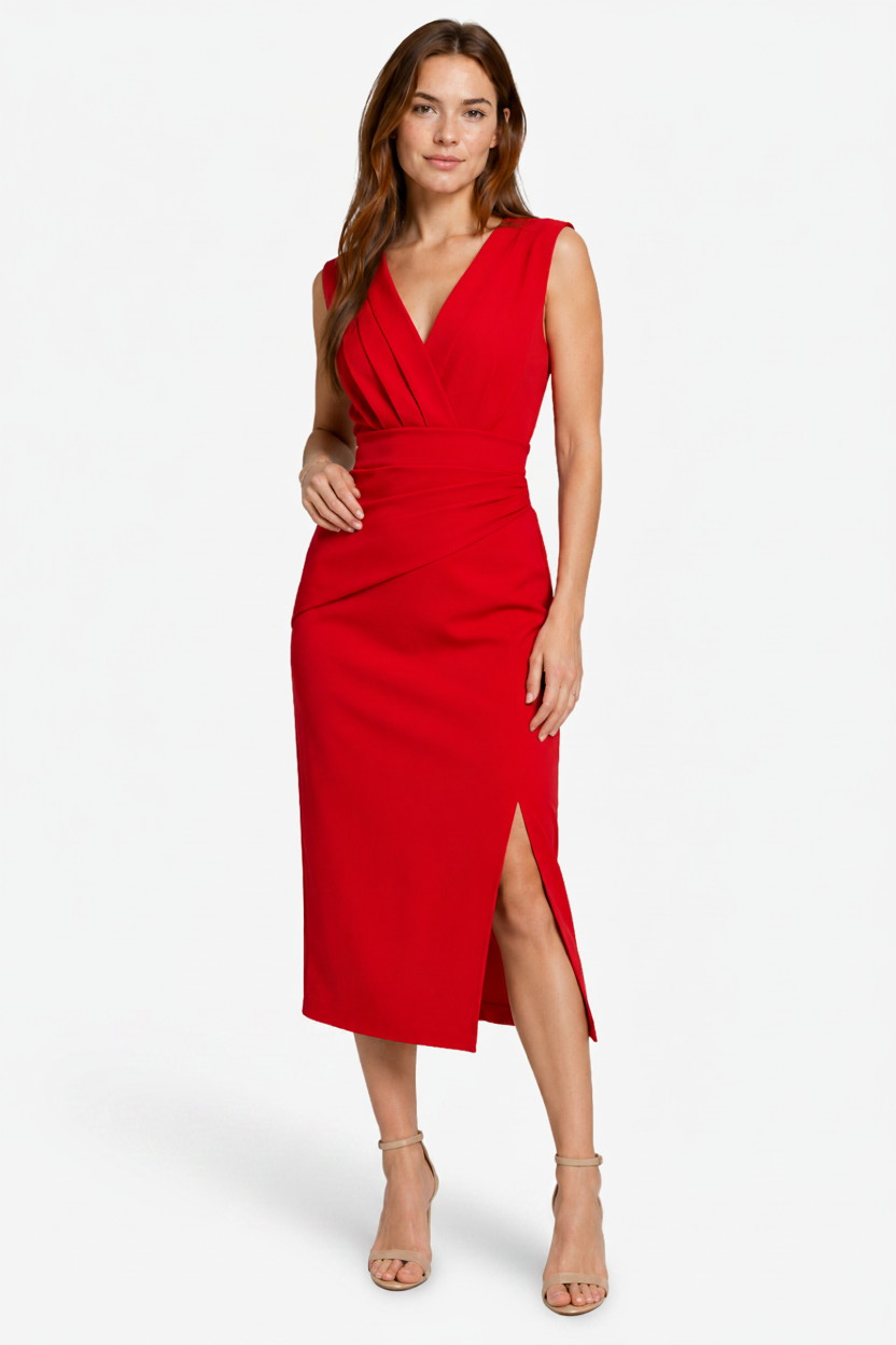 VALERIQUE | Robe Ajustée Midi pour Femme – Col V et Taille Drapée avec Fente