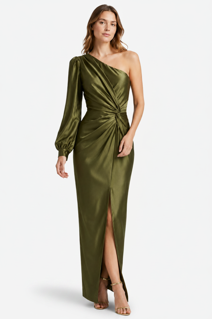 VALERIQUE | Femme Robe longue asymétrique manche longue coupe ajustée détail drapé style fluide