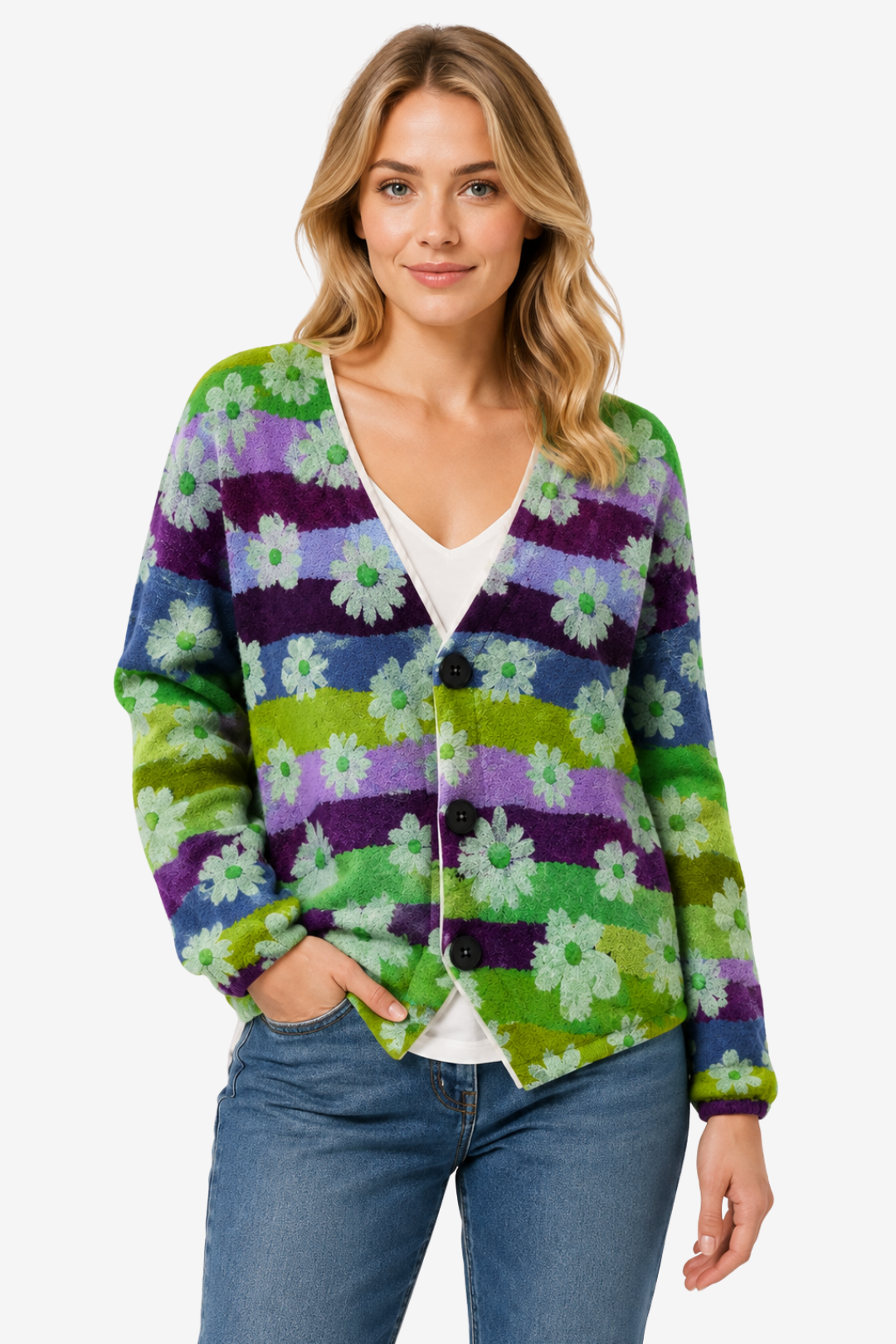 VALERIQUE | Cardigan Fleuri pour Femme – Col en V Fermeture Boutonnée Design Décontracté