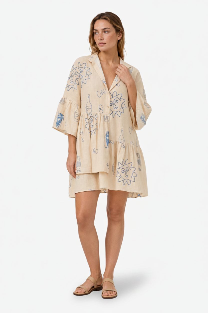 VALERIQUE | Femme Robe Décontractée A-Line en Mélange de Coton Beige, Imprimé, Manches Larges à Volants