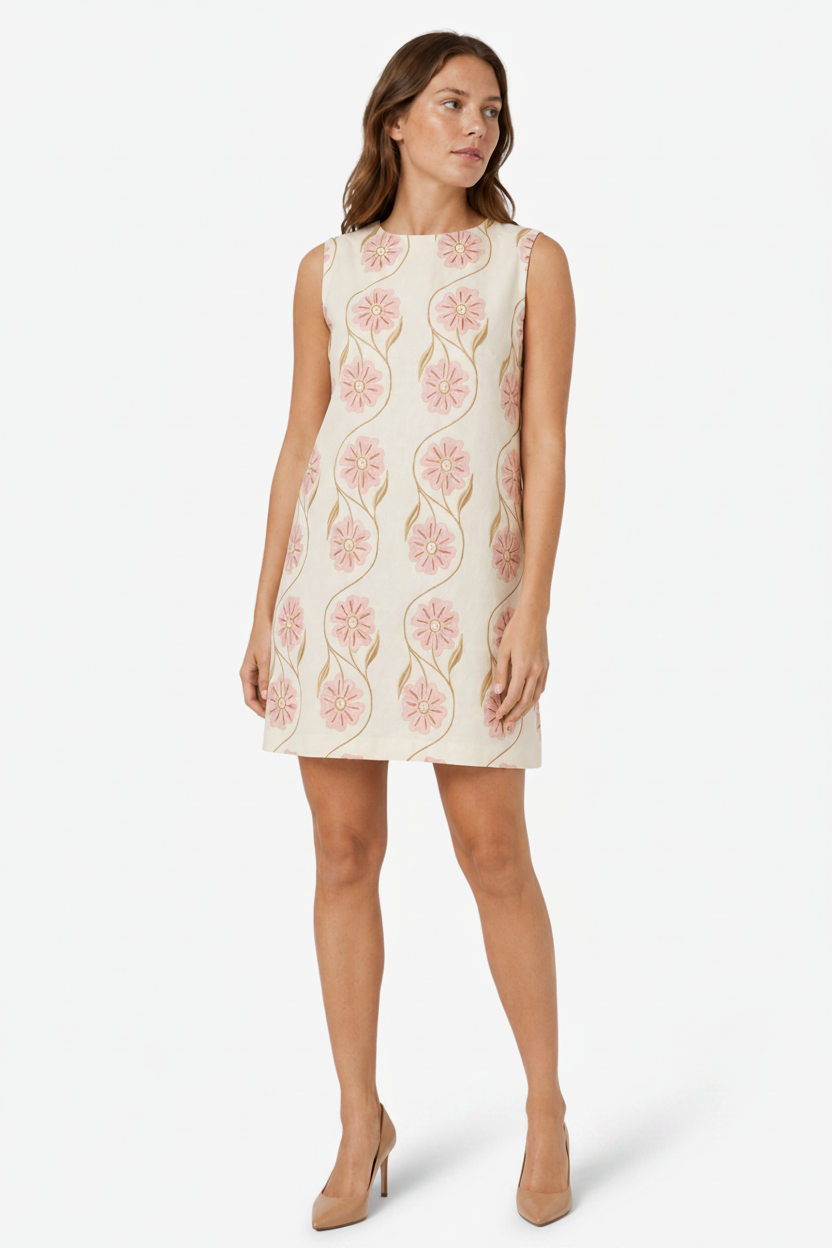 VALERIQUE | Robe Brodée Fleurie pour Femme - Crème et Rose