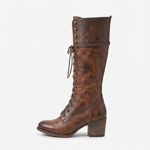 VALERIQUE | Femme bottes hautes café à lacets avec talon bloc et bout rond