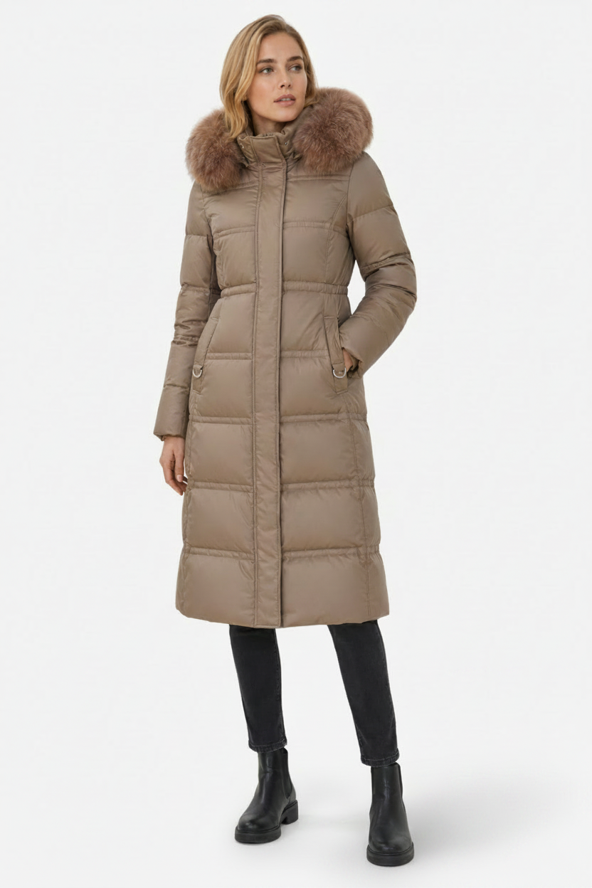 VALERIQUE | Manteau d'hiver long matelassé pour femmes – Taille cintrée et capuche bordée