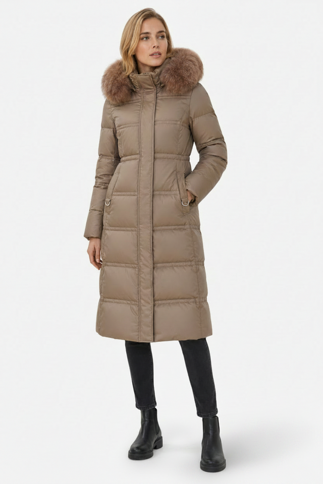 VALERIQUE | Manteau d'hiver long matelassé pour femmes – Taille cintrée et capuche bordée