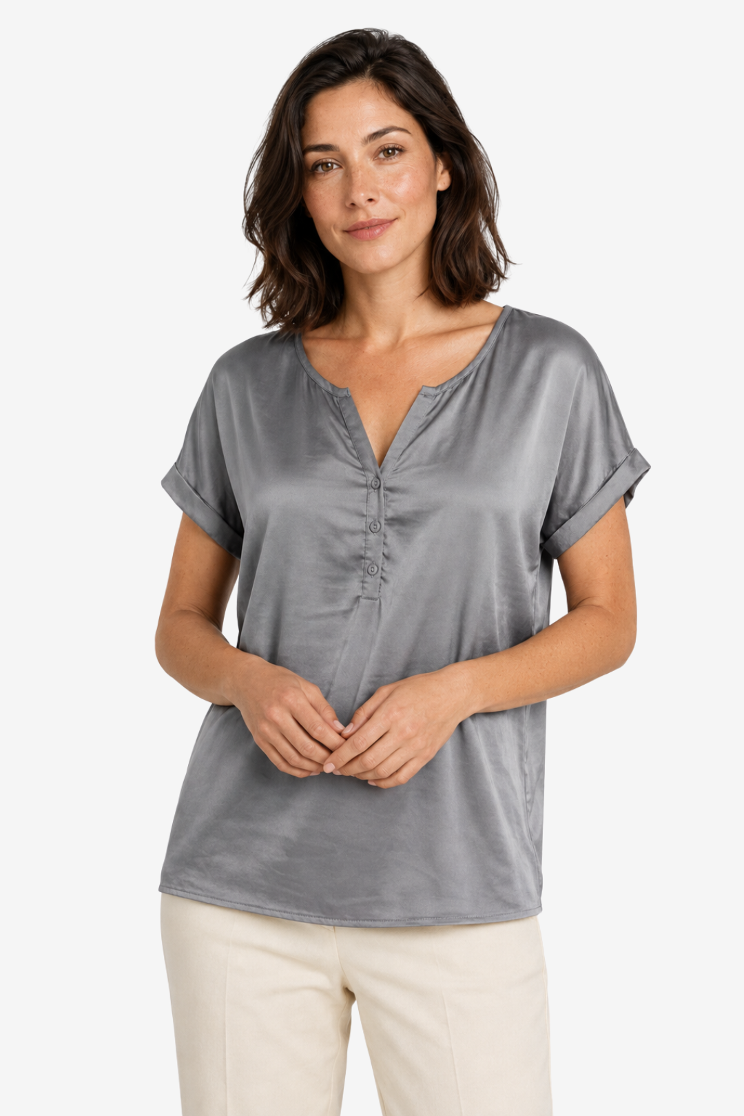 VALERIQUE | Femme blouse satinée à manches courtes avec col ouvert et patte boutonnée pour usage quotidien