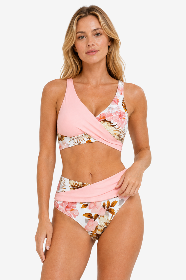 VALERIQUE | Ensemble Bikini Femme Croisé Fleuri – Maillot de Bain Deux Pièces Taille Haute