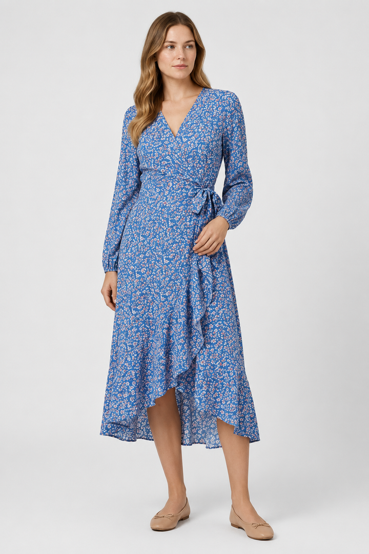VALERIQUE | Femme Robe Formelle Cache-Cœur en, Manches Longues Bouffantes, Col en V Profond