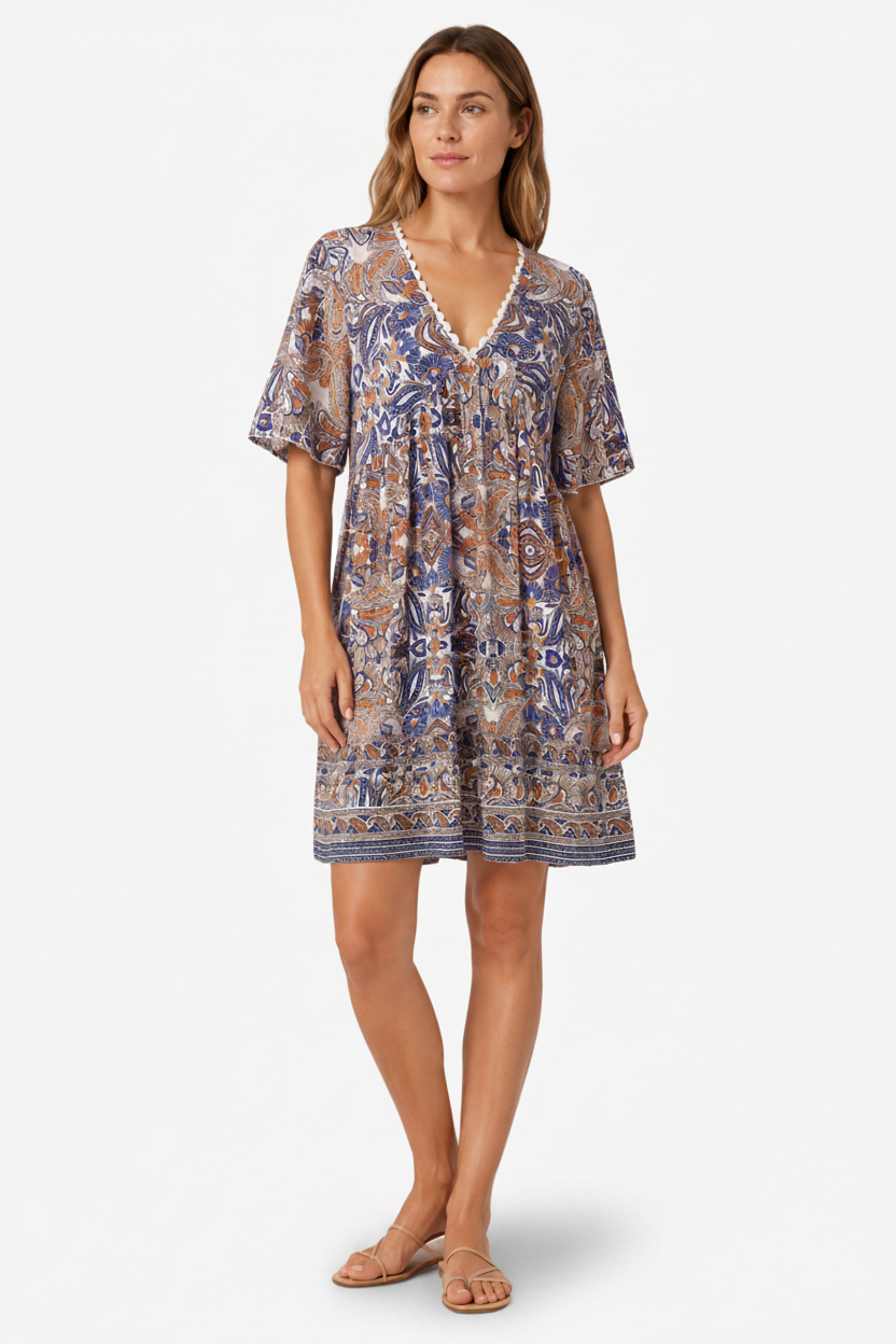VALERIQUE | Femme Robe Boho Décontractée en Mélange de Coton Bleu et Jaune, Manches Courtes, Col en V Profond