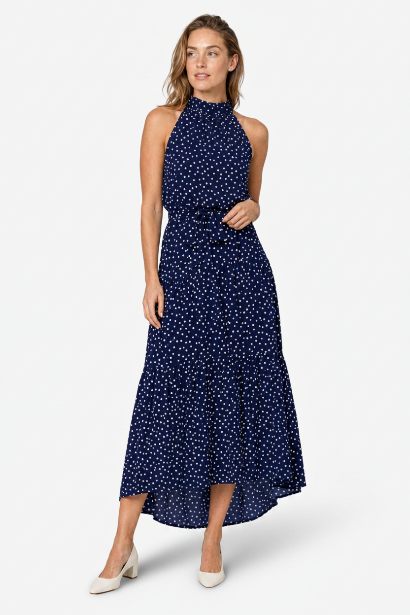 VALERIQUE | Robe Longue à Pois en Coton Léger pour Femme – Col Halter et Taille Nouée