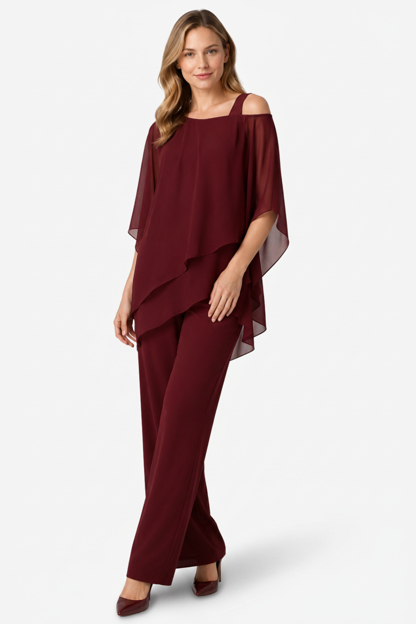 VALERIQUE | Ensemble Deux Pièces en Mousseline pour Femme – Haut Asymétrique et Pantalon Large