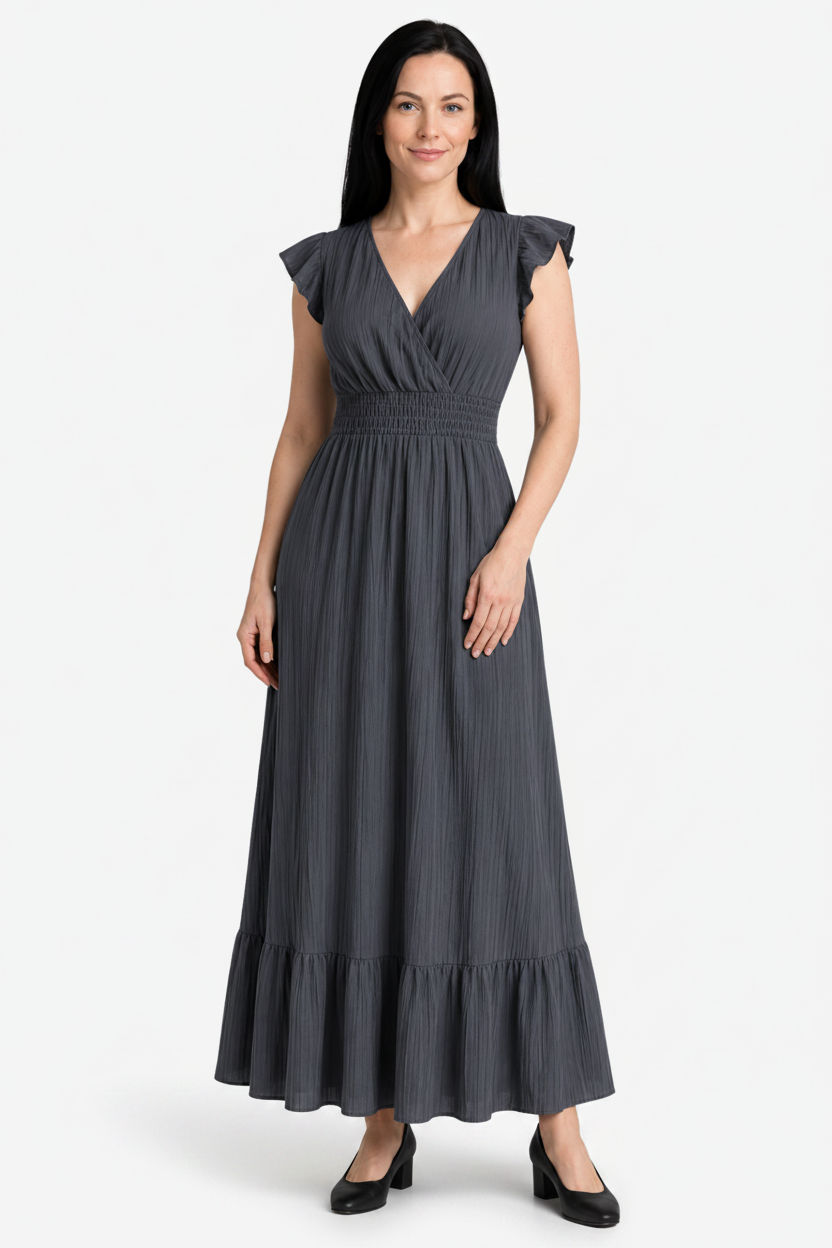 VALERIQUE | Robe longue vert sauge à col cache-cœur et manches courtes volantées pour usage quotidien
