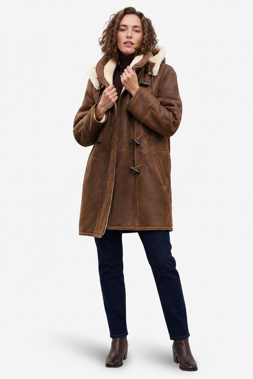 VALERIQUE | Manteau Effet Peau Lainée pour Femme – Capuche Fermetures à Brandebourgs Coupe Longue