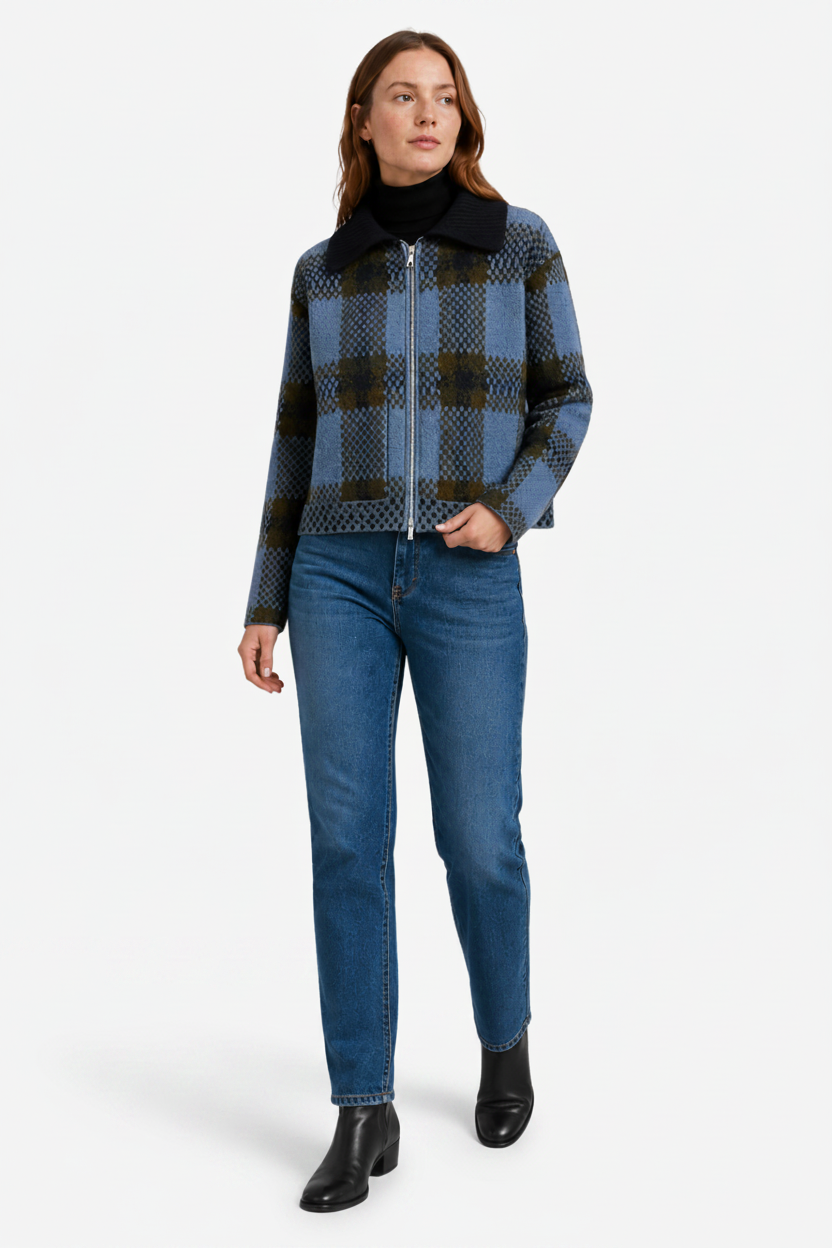 VALERIQUE | Veste Zippée Tricotée à Carreaux pour Femme – Col Revers