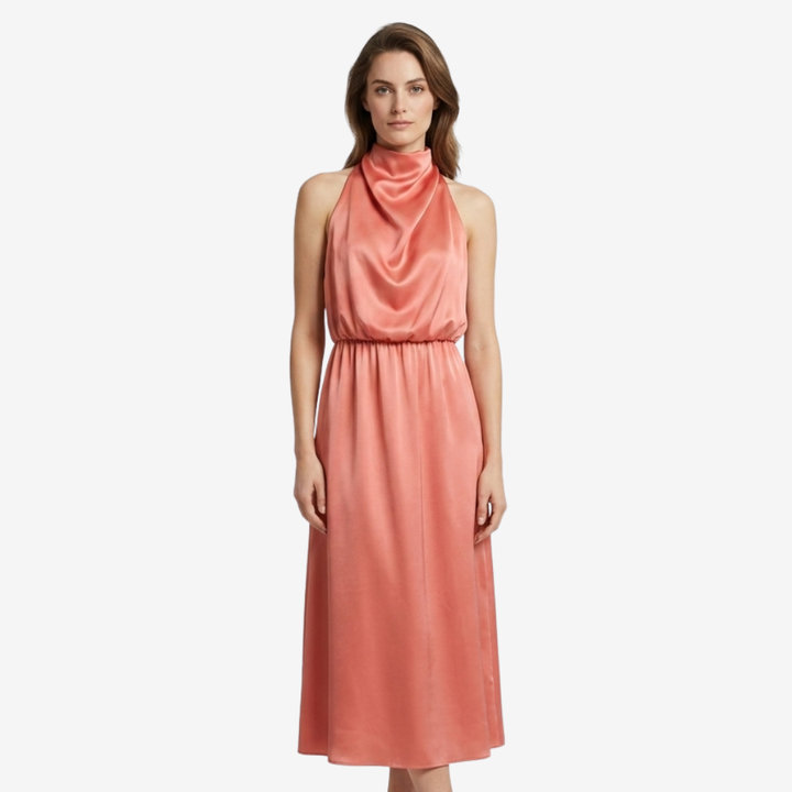 VALERIQUE | Femme Robe midi sans manches coupe ajustée col drapé style fluide