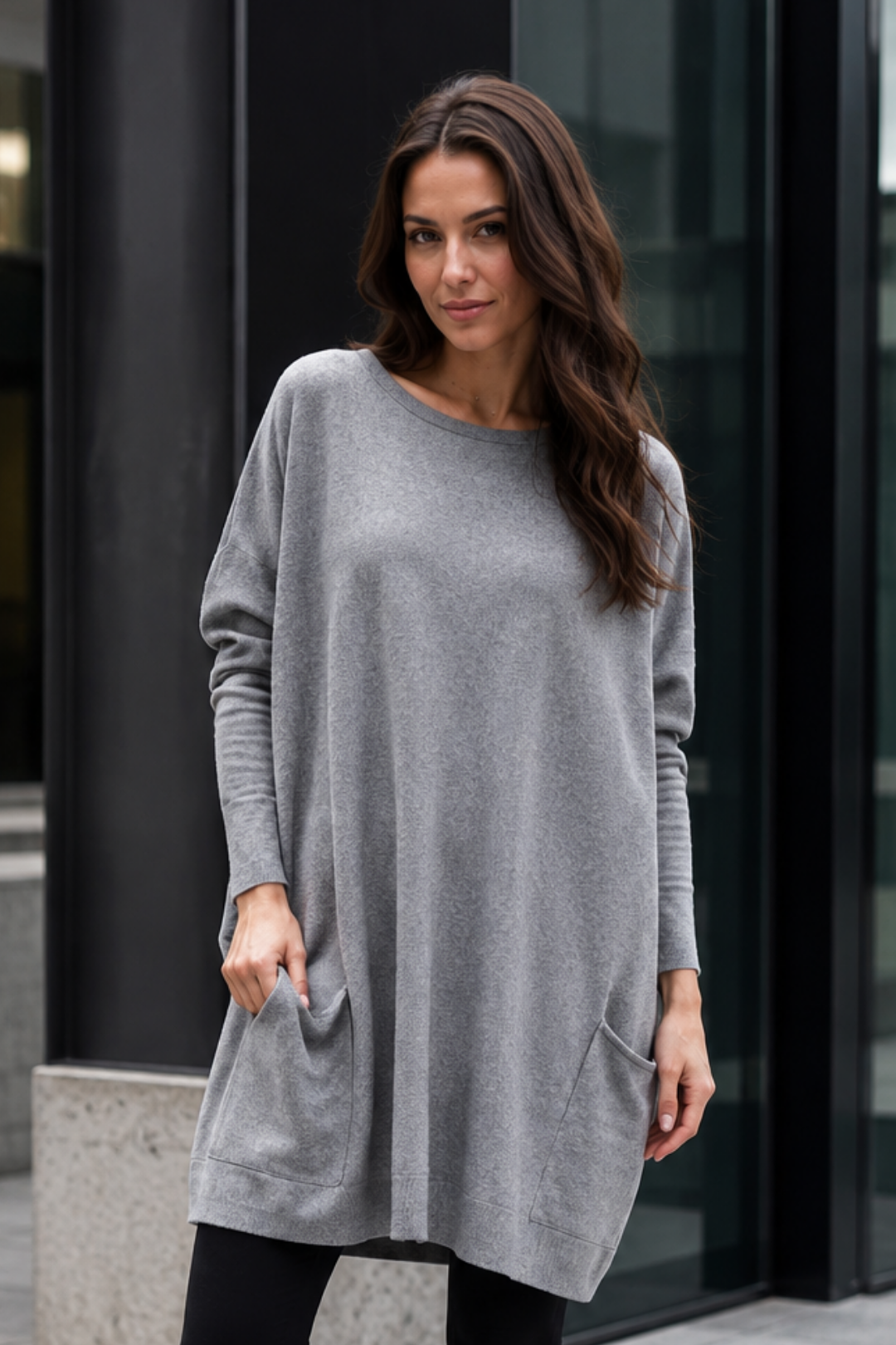 VALERIQUE | Haut Tunique Oversize pour Femme – Manches Longues Poches Latérales Design Décontracté