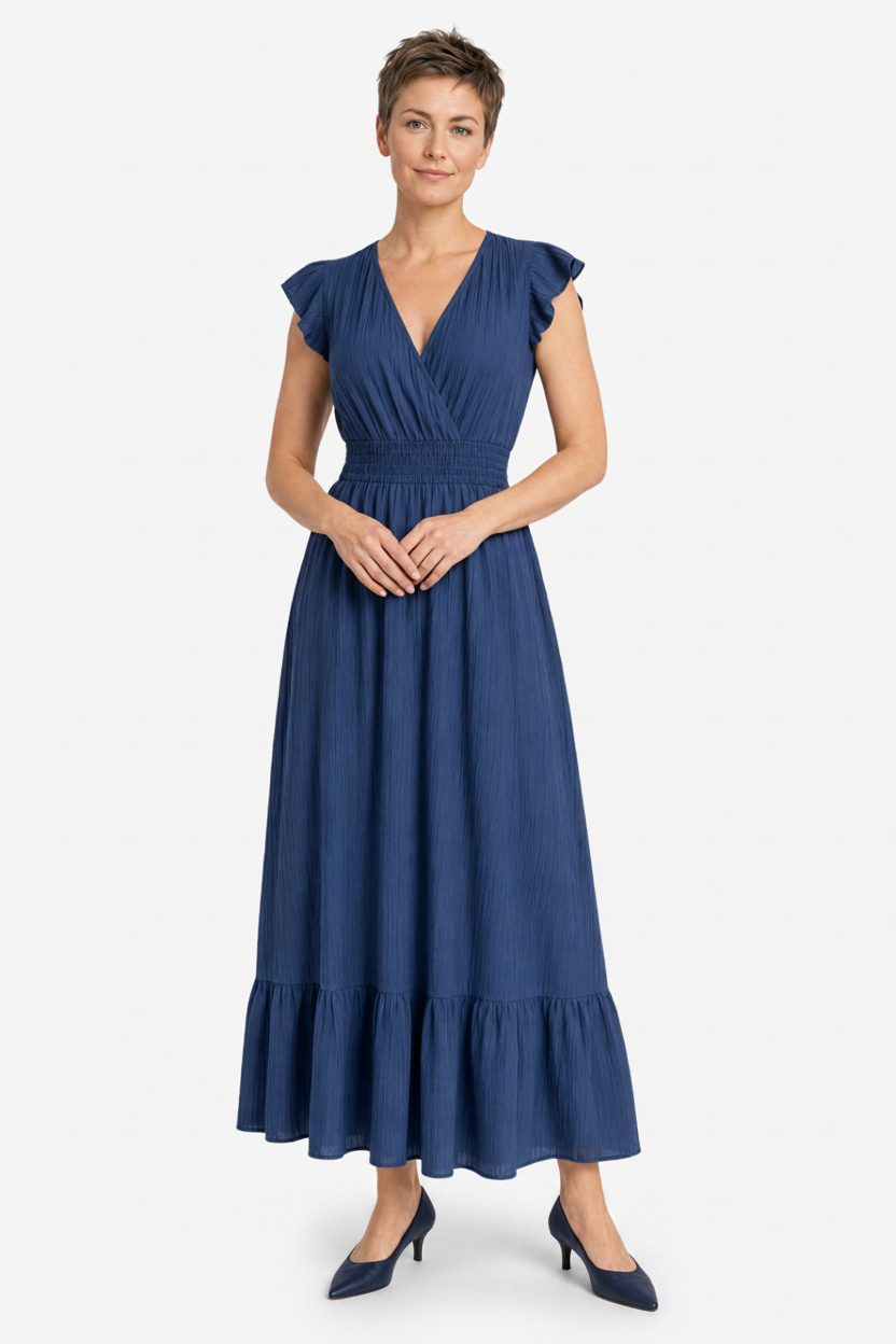 VALERIQUE | Robe longue vert sauge à col cache-cœur et manches courtes volantées pour usage quotidien