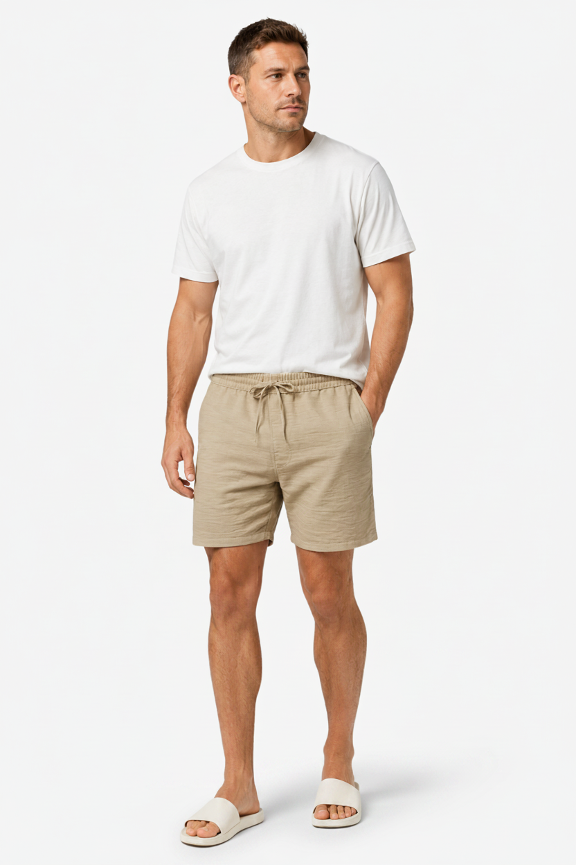VALERIQUE | Homme Short Décontracté en Mousseline Beige - Taille Élastiquée avec Cordon de Serrage, Poches Latérales