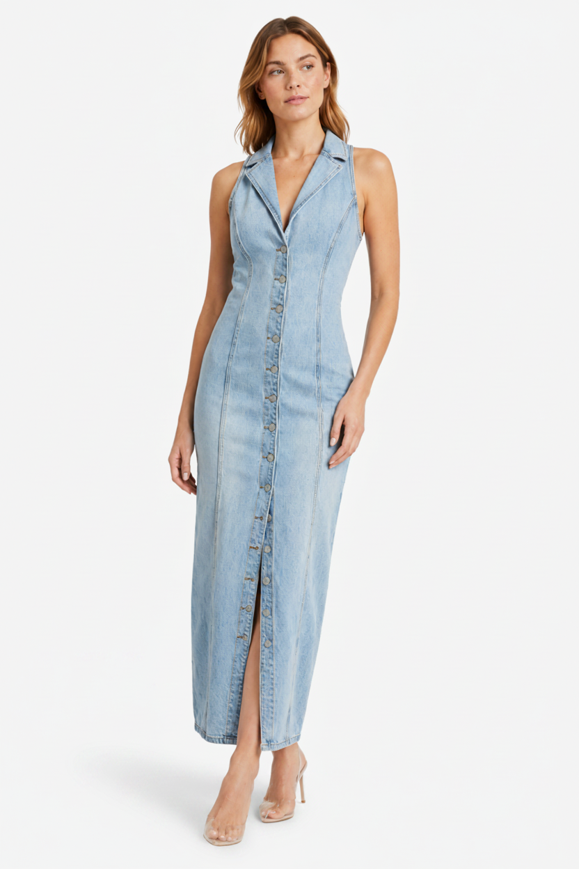 VALERIQUE | Robe Maxi Denim pour Femme – Sans Manches et Boutonnée