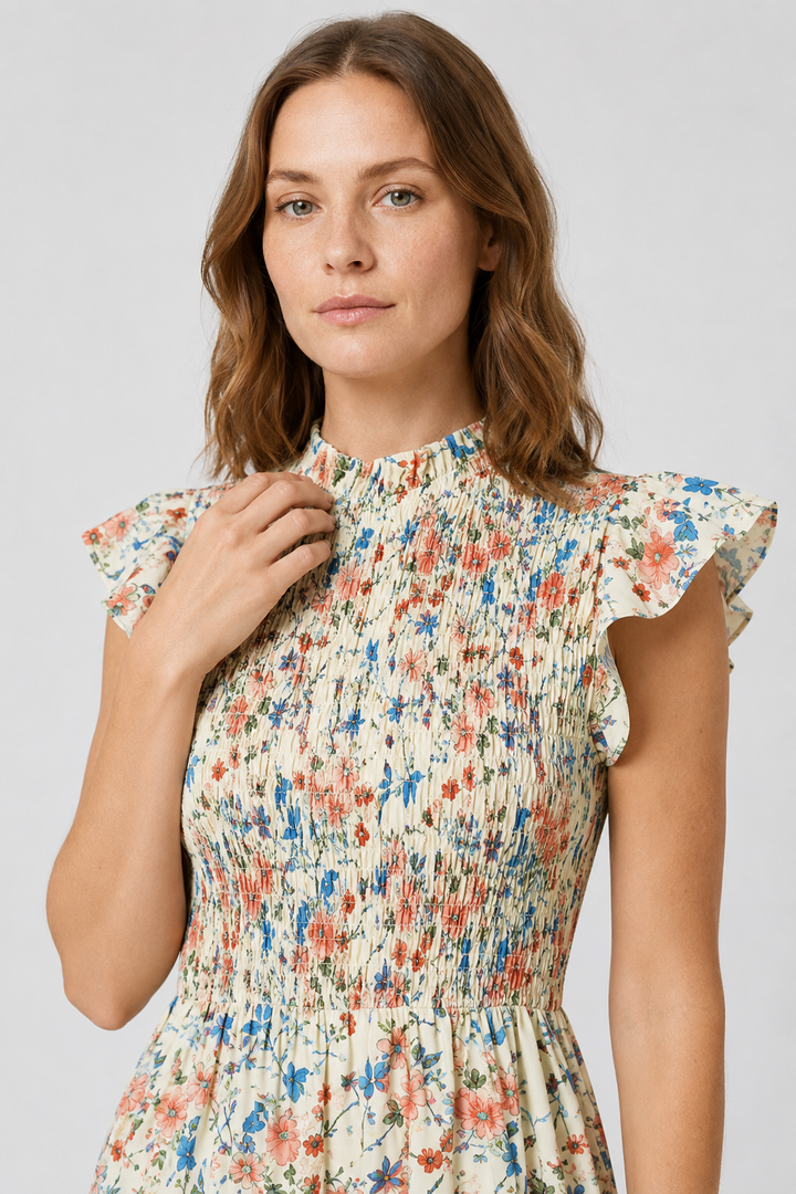 VALERIQUE | Robe Midi Fleurie pour Femme – Taille Smockée