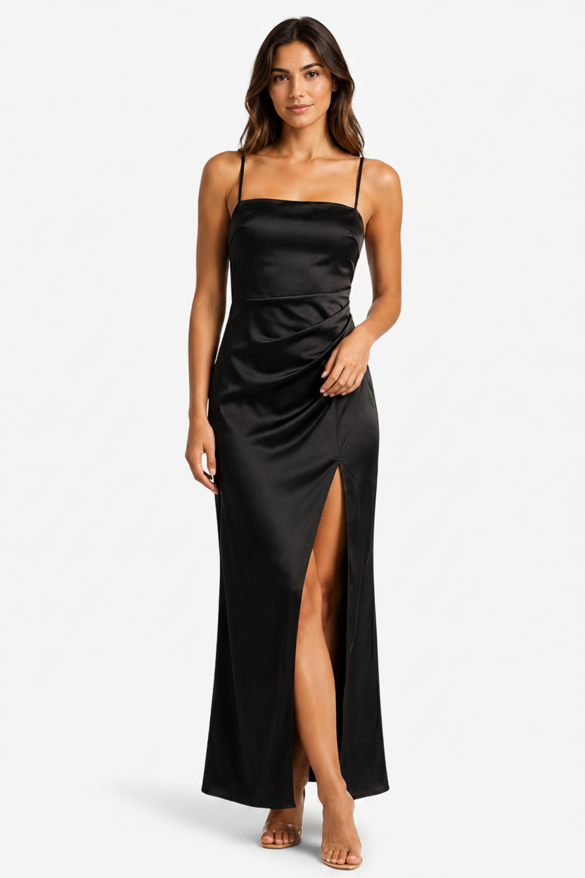 VALERIQUE | Femme Robe longue à fines bretelles coupe ajustée fente latérale style fluide