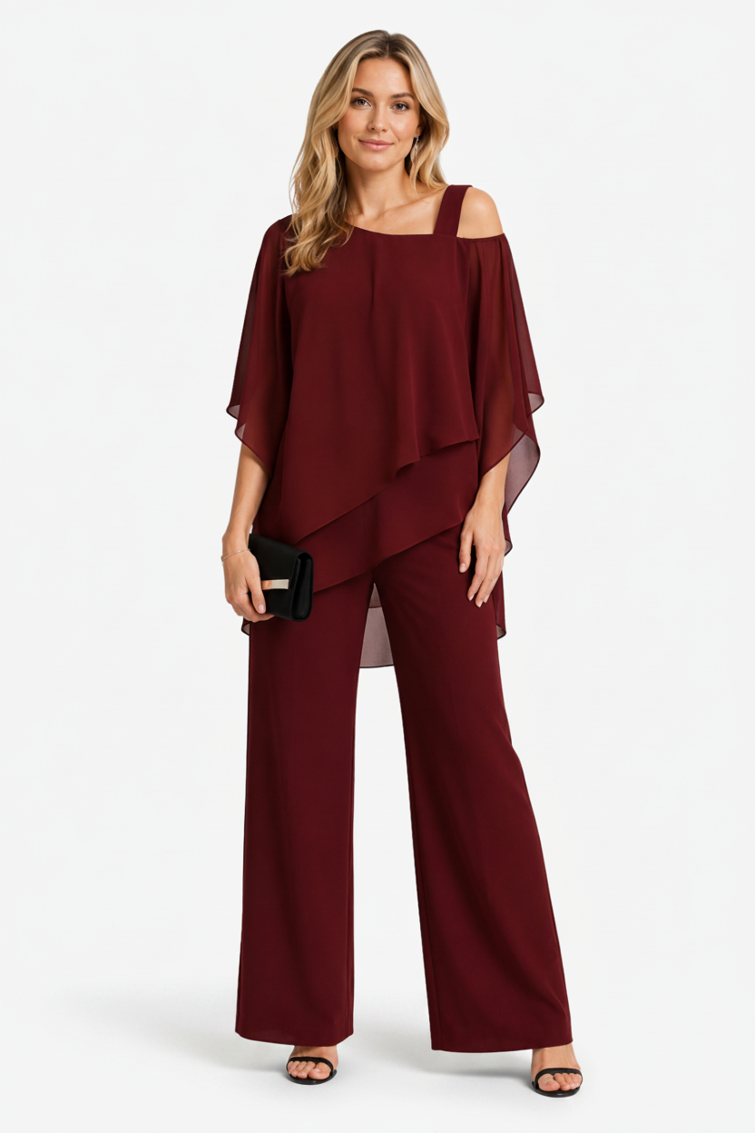 VALERIQUE | Ensemble Deux Pièces pour Femme – Haut Superposé Asymétrique Pantalon Large Design Élégant