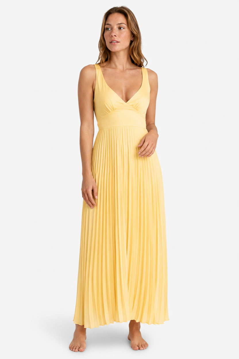 VALERIQUE | Robe Maxi Plissée Jaune pour Femme – Col V et Sans Manches