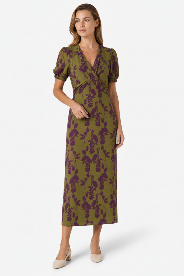 VALERIQUE | Femme Robe midi imprimé coupe ajustée col croisé manches courtes style décontracté