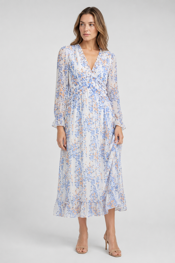 VALERIQUE | Femme Robe Longue Décontractée en Mélange de Coton Bleu et Blanc, Manches Longues, Col en V Profond