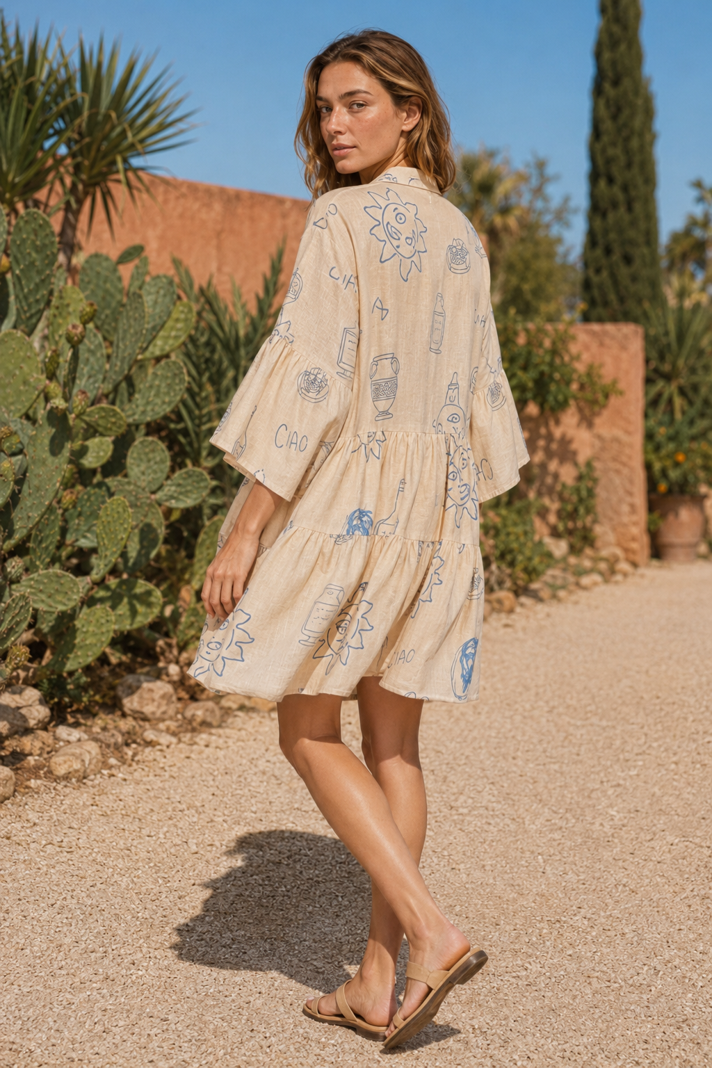 VALERIQUE | Femme Robe Décontractée A-Line en Mélange de Coton Beige, Imprimé, Manches Larges à Volants