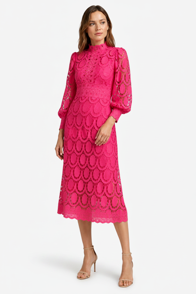 VALERIQUE | Robe Midi en Dentelle pour Femme – Col Haut et Manches Longues