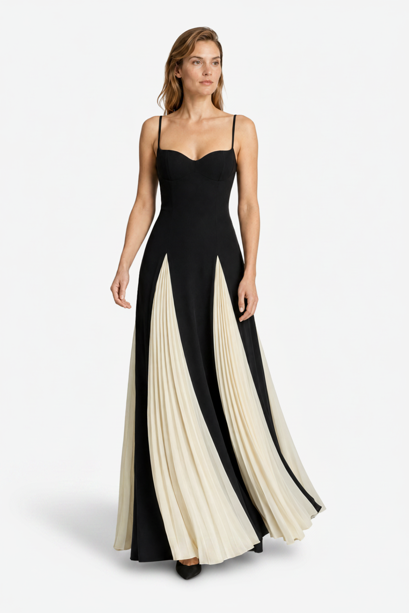 VALERIQUE | Femme Robe longue à fines bretelles coupe ajustée détail plissé style fluide