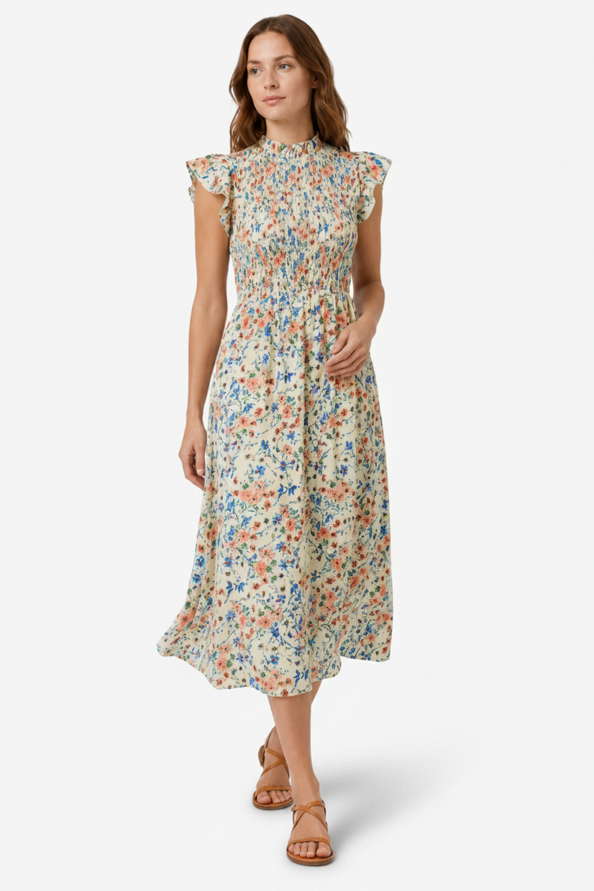 VALERIQUE | Robe Midi Fleurie pour Femme – Taille Smockée