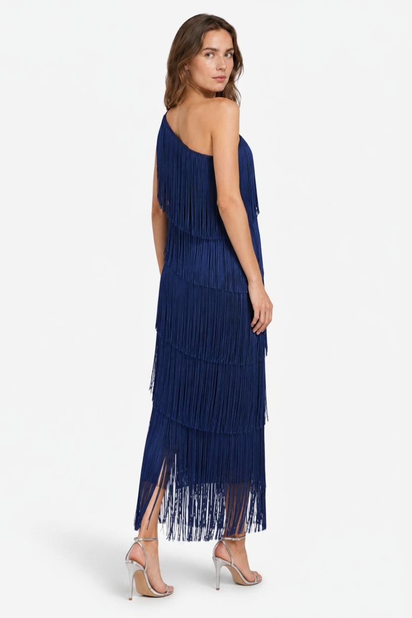 VALERIQUE | Femme Robe Formelle Asymétrique en Mélange de Coton Bleu, Franges Fluides, Bretelle Unique