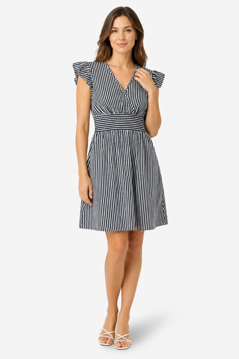 VALERIQUE | Femme Robe Décontractée à Rayures en Mélange de Coton, Col en V Profond, Manches Volantées