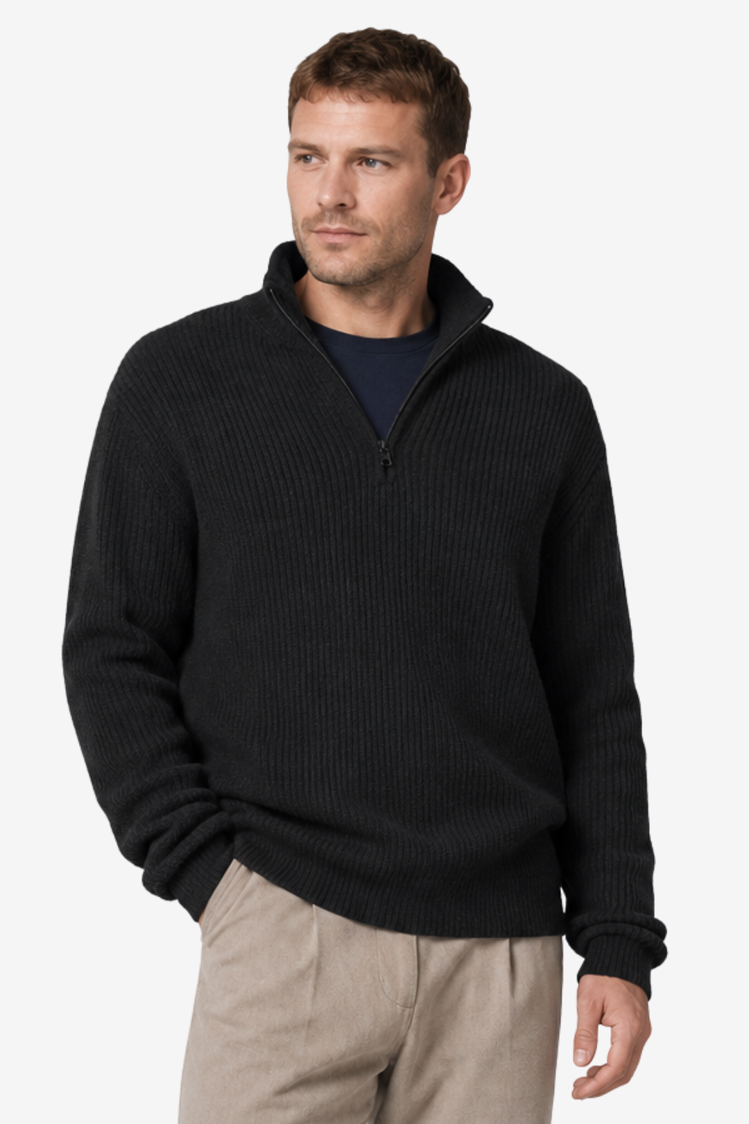VALERIQUE | Pull Col Zippé pour Homme – Maille Côtelée Col Montant Manches Longues