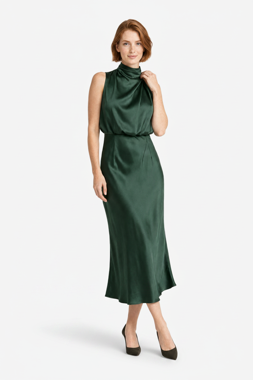VALERIQUE | Femme Robe midi sans manches coupe ajustée col drapé style fluide