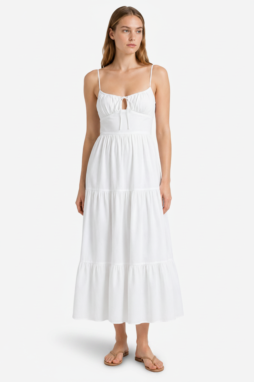 VALERIQUE | Femme Robe Maxi Décontractée en Mélange de Coton Blanc et Noir, Bretelles Fines, Col en V Profond