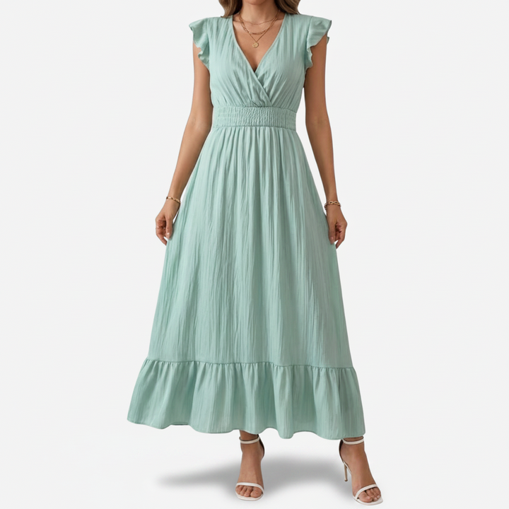VALERIQUE | Robe longue vert sauge à col cache-cœur et manches courtes volantées pour usage quotidien