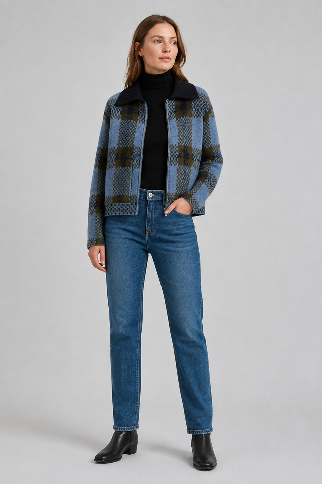 VALERIQUE | Veste Zippée Tricotée à Carreaux pour Femme – Col Revers