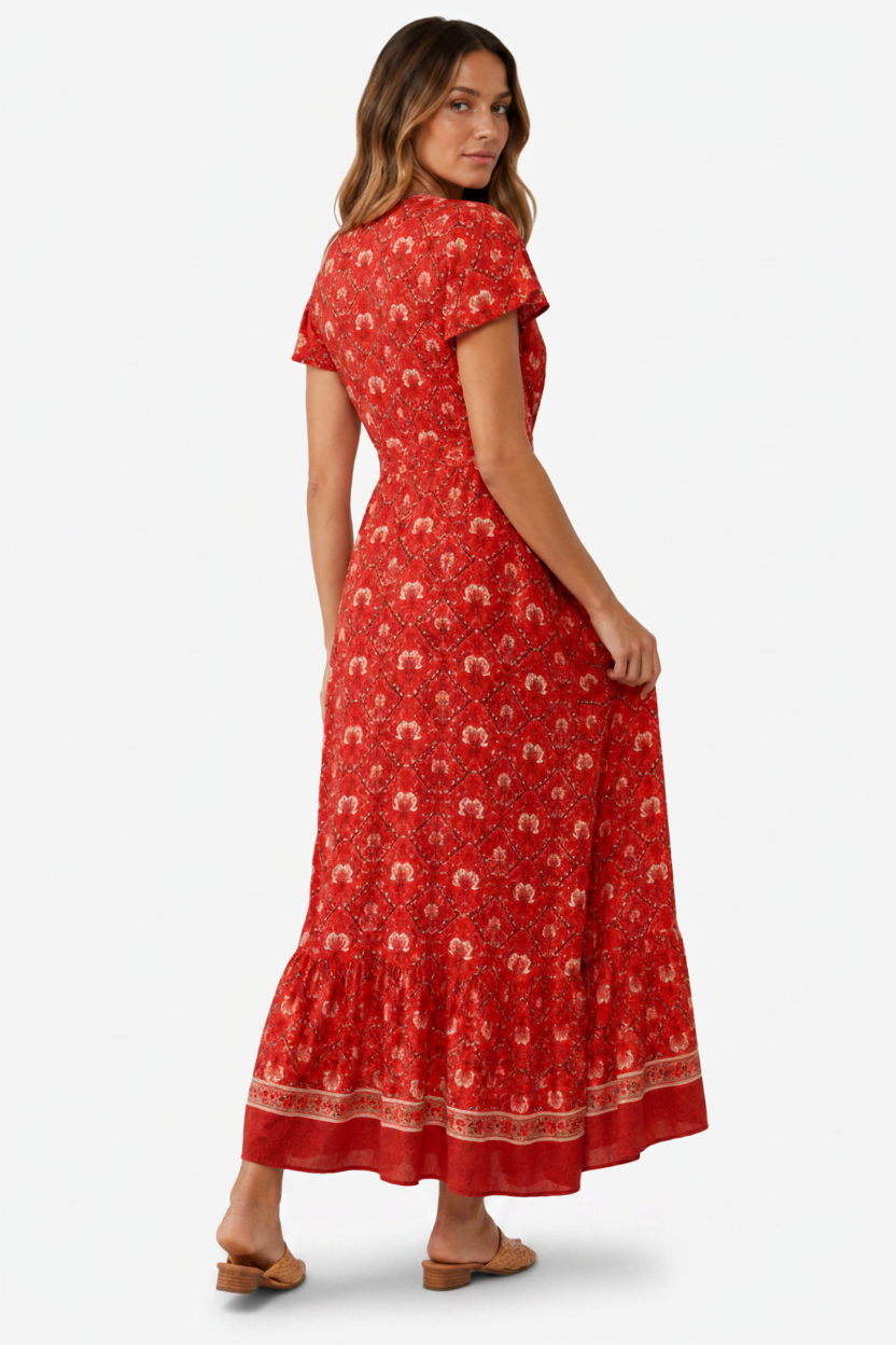 VALERIQUE | Robe Bohème Col V pour Femme – Manches Courtes et Fente